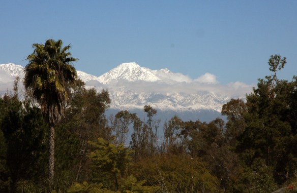 View of the snow caped mountains from Chino Hills, CA.