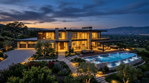 Modern hillside home with illuminated rooms, pool, gardens, and mountain views